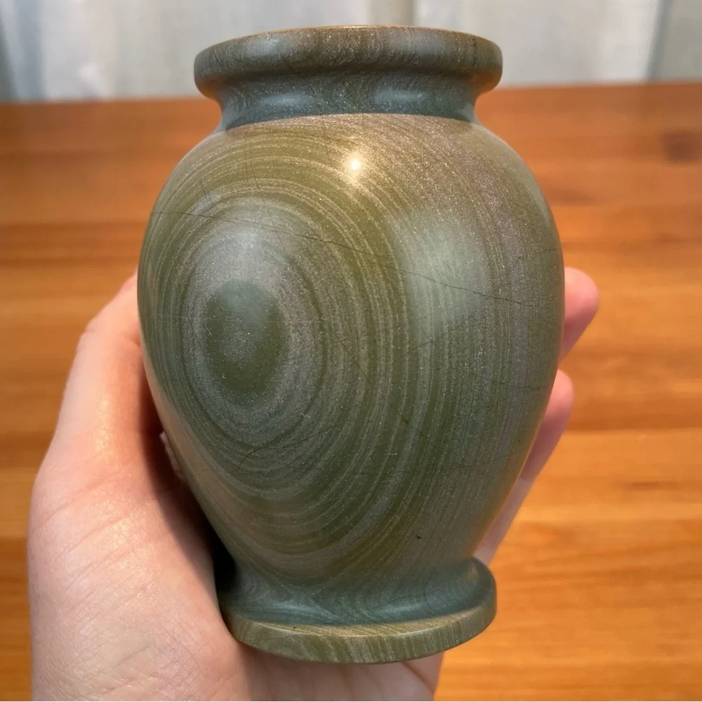 VTG Carved Stone Marble Miniature Bud Vase 4” Tall Green Earth Tone Natural - Picture 12 of 16
